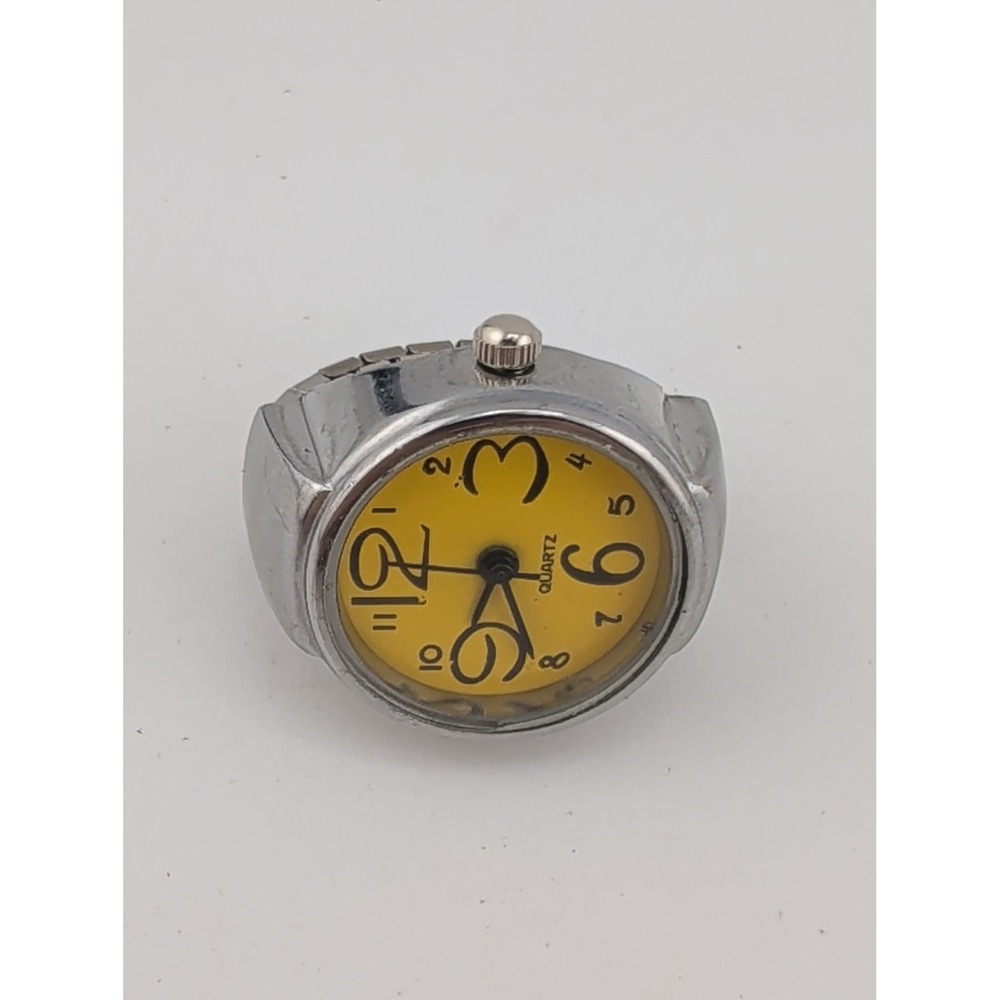 Stainless Steel Quartz Watch Ring Yellow Dial Silver Stretch Band- New Battery